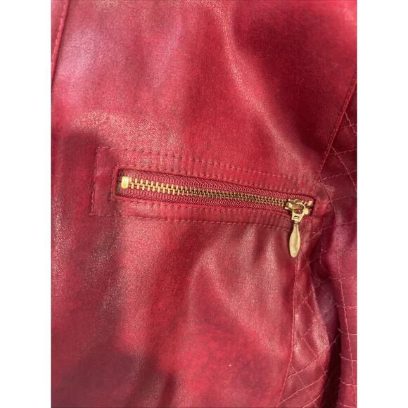 Chicos Sz L (2) Red Faux Full Zip Jacket Light Weight Pockets Lined Gold Holiday - Picture 8 of 8